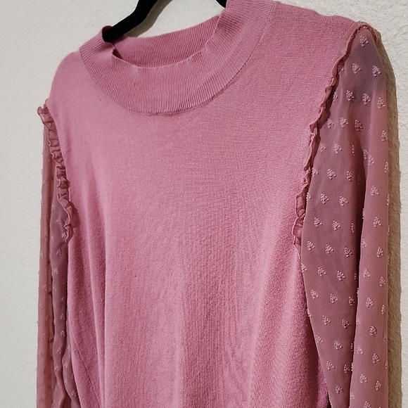 Pink Crew Neck Sweater with Sheer Sleeves - Picture 7 of 12